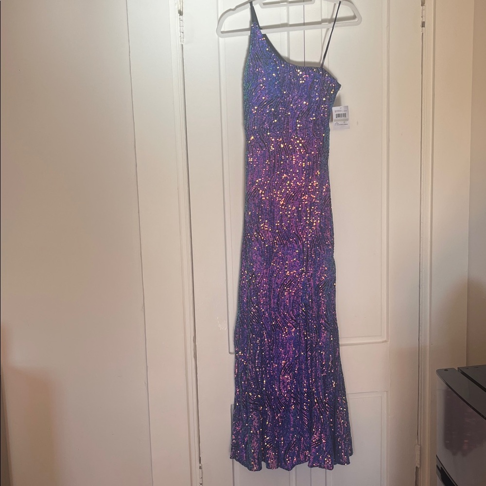 Morgan & Co. Purple Sequin One-Shoulder Maxi Dress